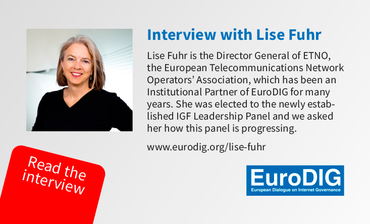 Picture of Lise Fuhr and description of the interview on the IGF Leadership Panel